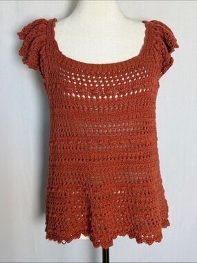 Ryegrass Crochet Scoop Neck Ruffled Sleeve Top Size 1X Rust Boho Open Knit Beach